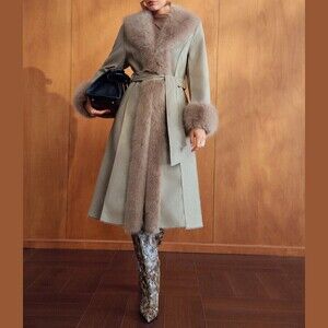 Taupe Gray-Tan Vegan Faux Fur Trim Belted Longline Coat w/ Shawl Collar